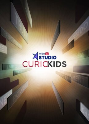 Poster for MAN TV Studio’s CurioKids series featuring words like truth, responsibility, and freedom in a glowing 3D tunnel design.
